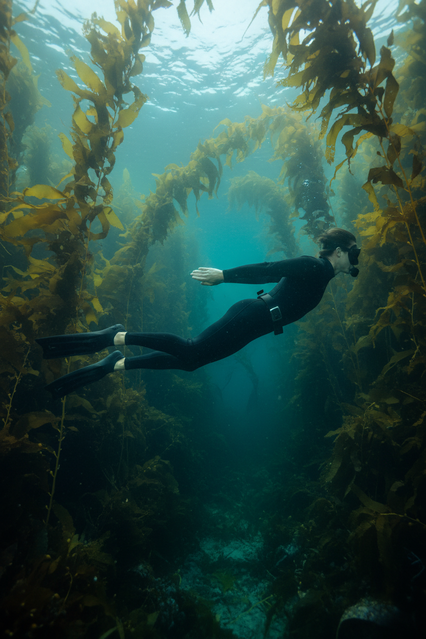 Editorial - Streamlined Freediver with Weight Belt in Kelp Forest