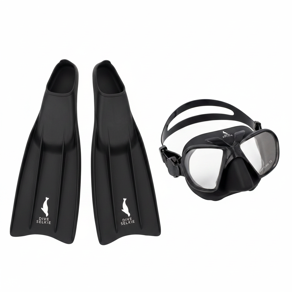 Black silicone freediving fins and mask bundle
