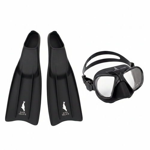 Black silicone freediving fins and mask bundle